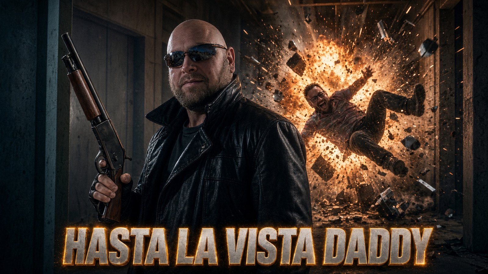 Tim as the Terminator, shotgun in hand. Eric goes flying in the explosion behind him. Hasta la vista, Daddy.