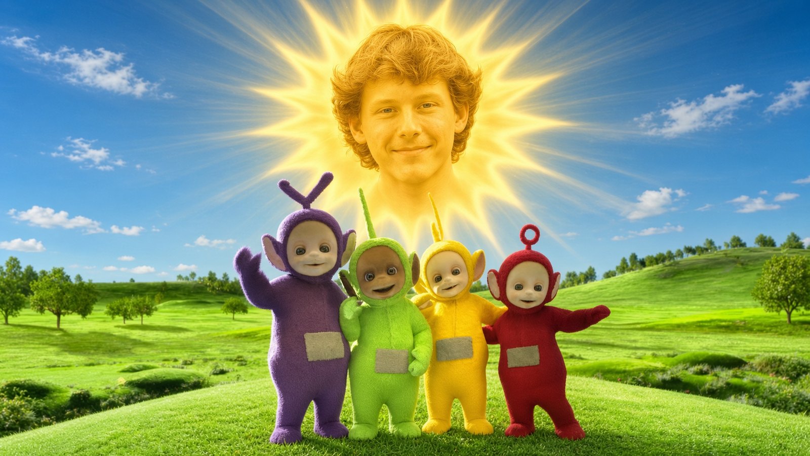 Nathan's face as the Teletubbies sun, beaming over the four of them.