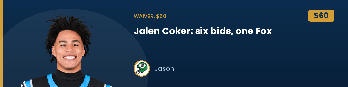 Waiver, $60: Jalen Coker: six bids, one Fox