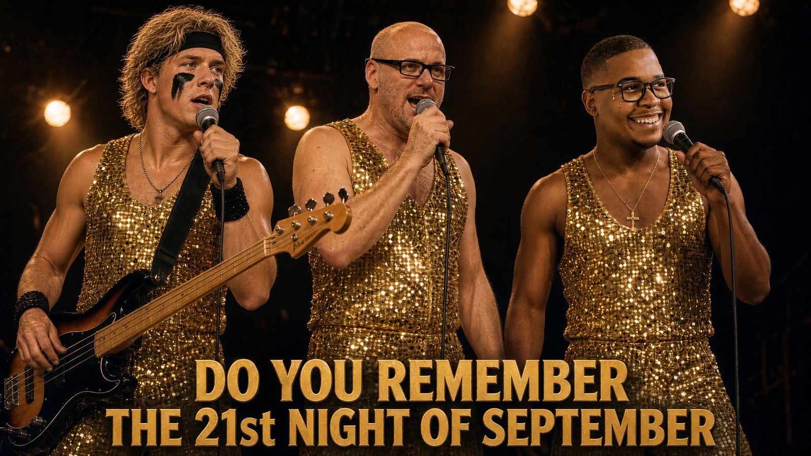 The same three in gold tank tops, one of them on bass.