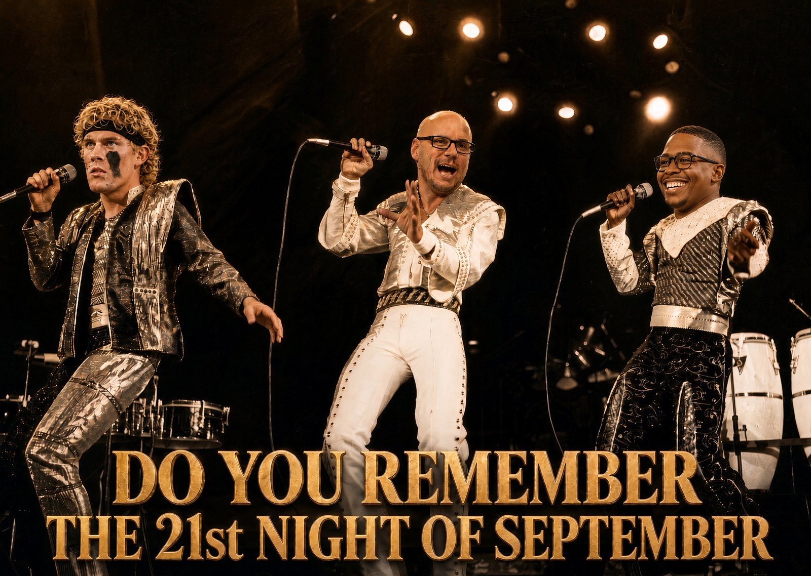 Dart, Levi and Jalan on stage in sequined suits, singing about the 21st night of September.