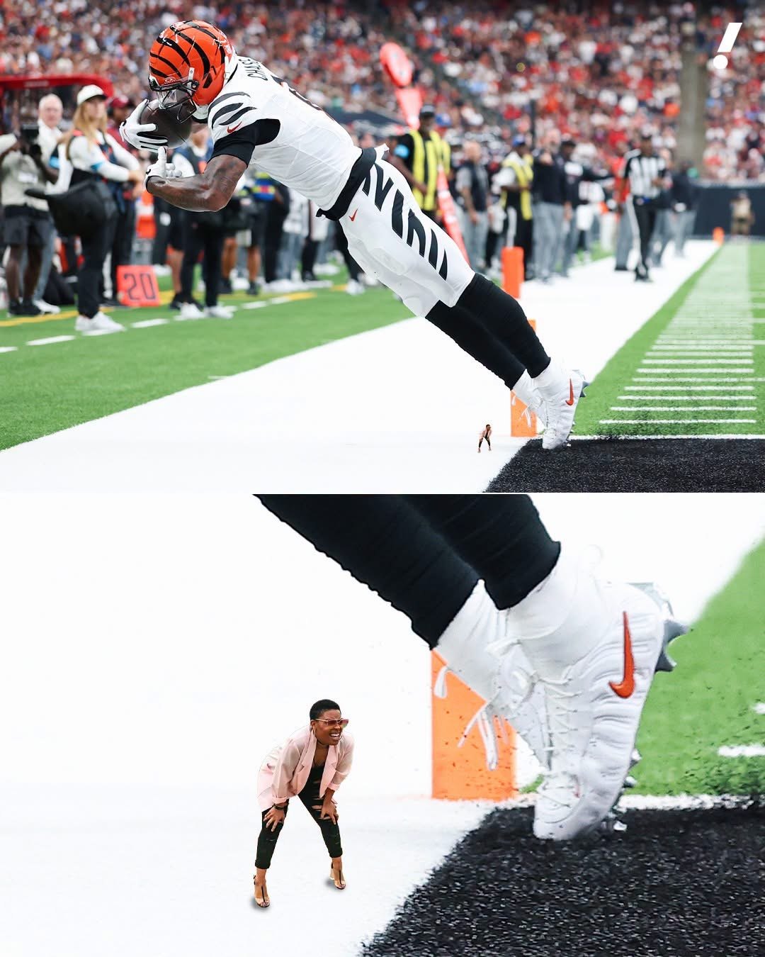 Chase's toe-tap, with a tiny inspector on the sideline bending down to check the cleat.