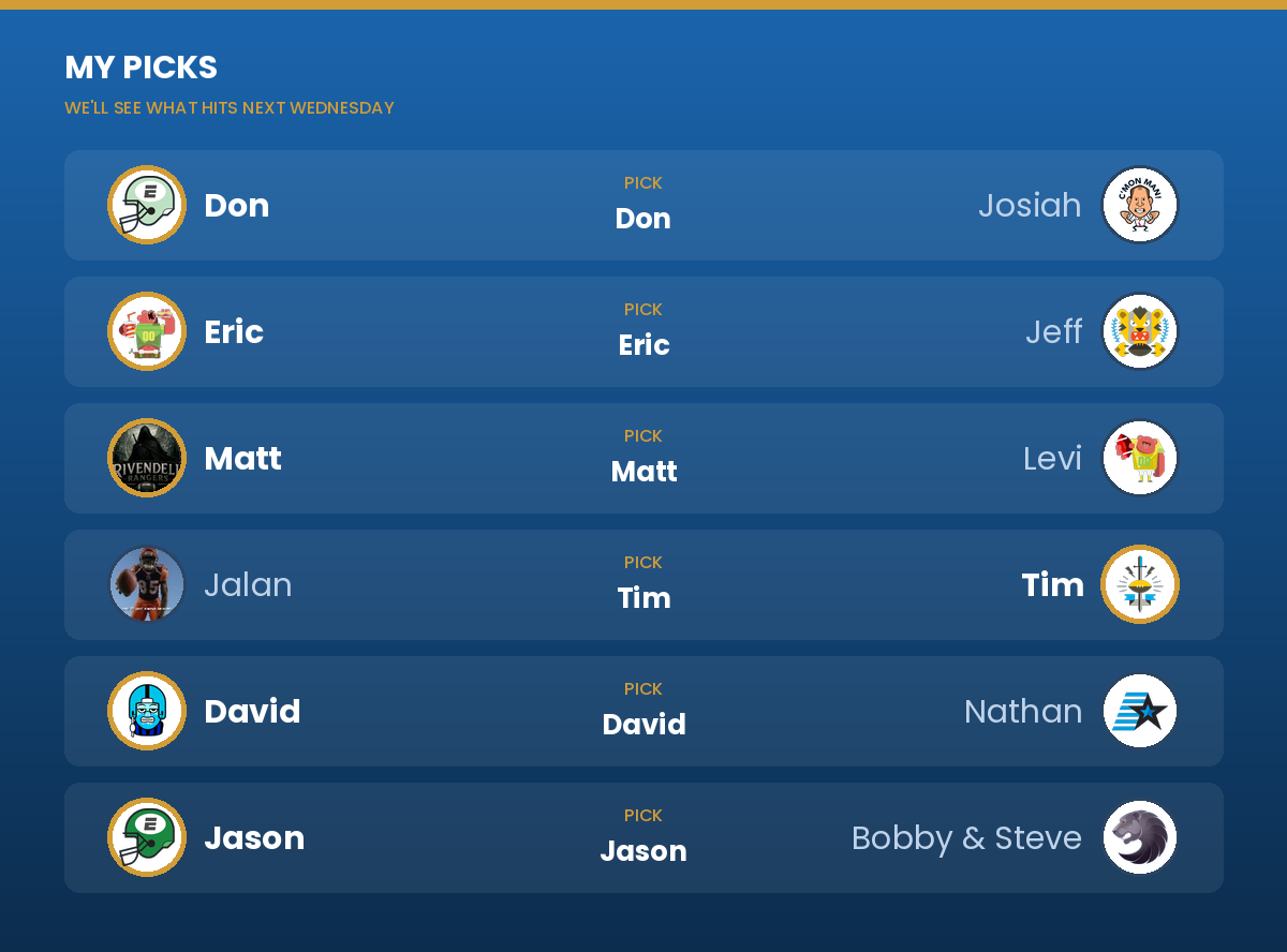 Picks: Don vs Josiah: Don; Jeff vs Eric: Eric; Levi vs Matt: Matt; Tim vs Jalan: Tim; David vs Nathan: David; Bobby vs Jason: Jason