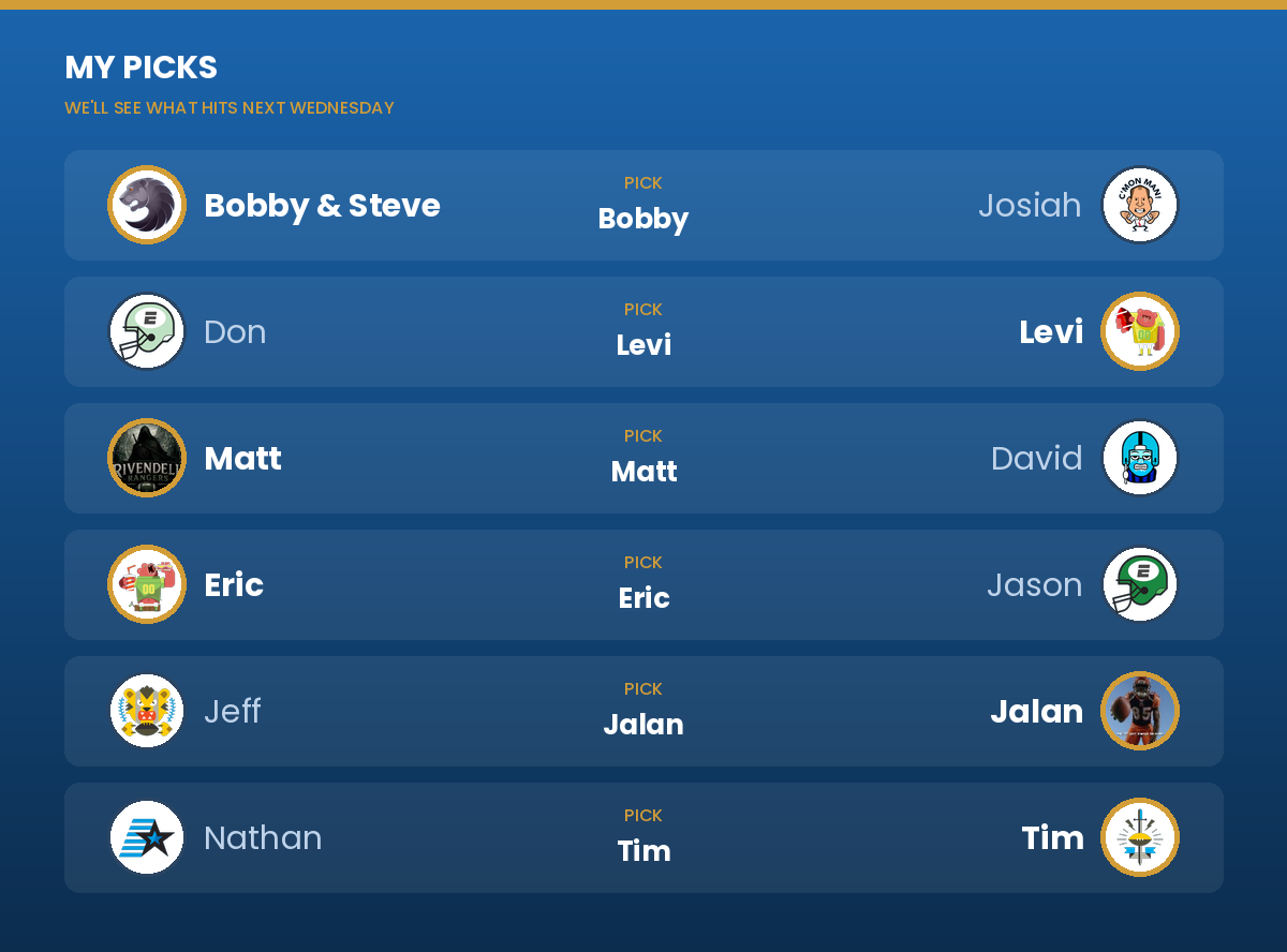 Picks: Jeff vs Jalan: Jalan; Levi vs Don: Levi; David vs Matt: Matt; Jason vs Eric: Eric; Bobby vs Josiah: Bobby; Nathan vs Tim: Tim