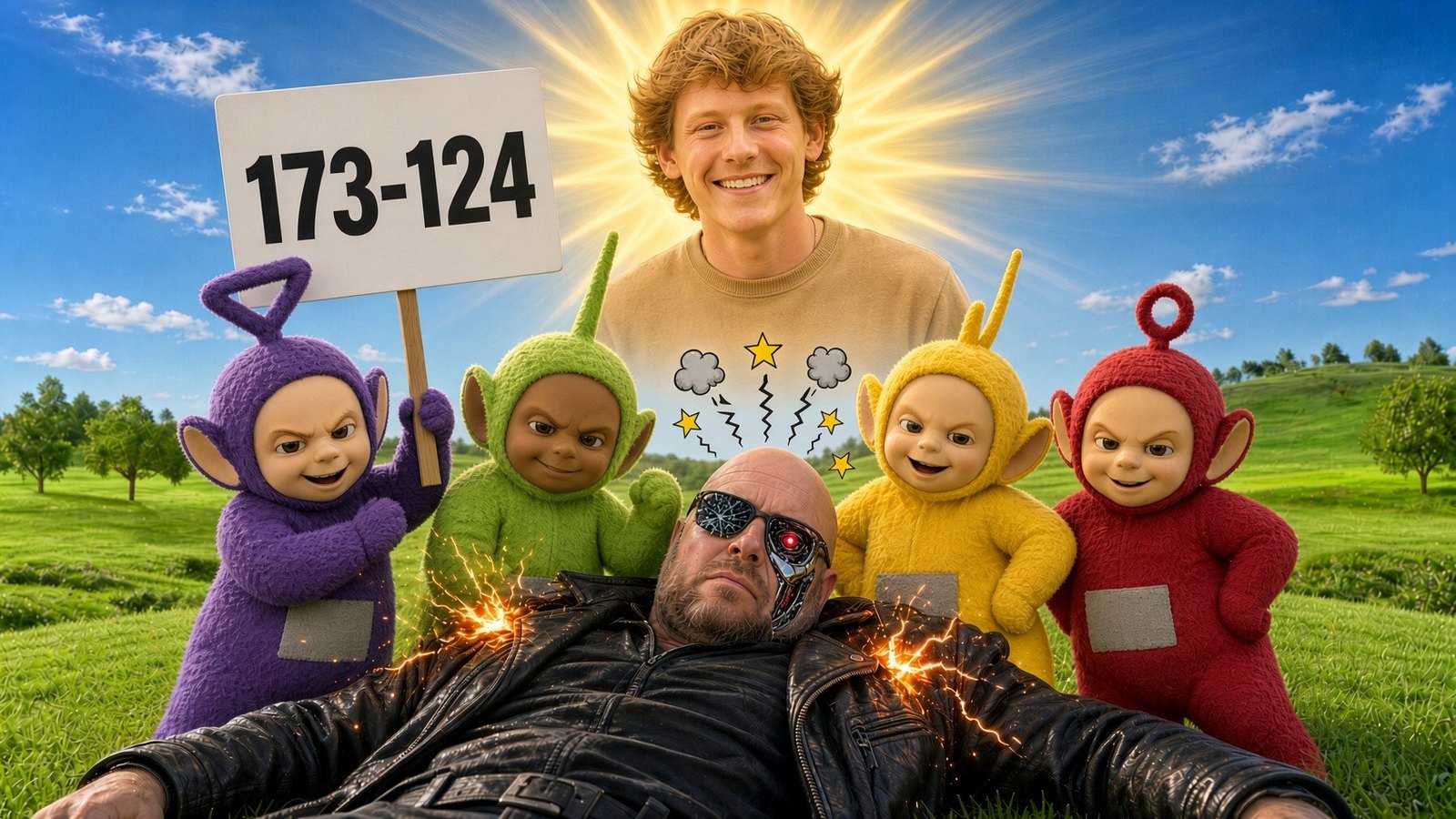 Four Teletubbies stand over The inTIMinator, flat on his back in a leather jacket, while Nathan smiles behind them under a sign reading 173-124.