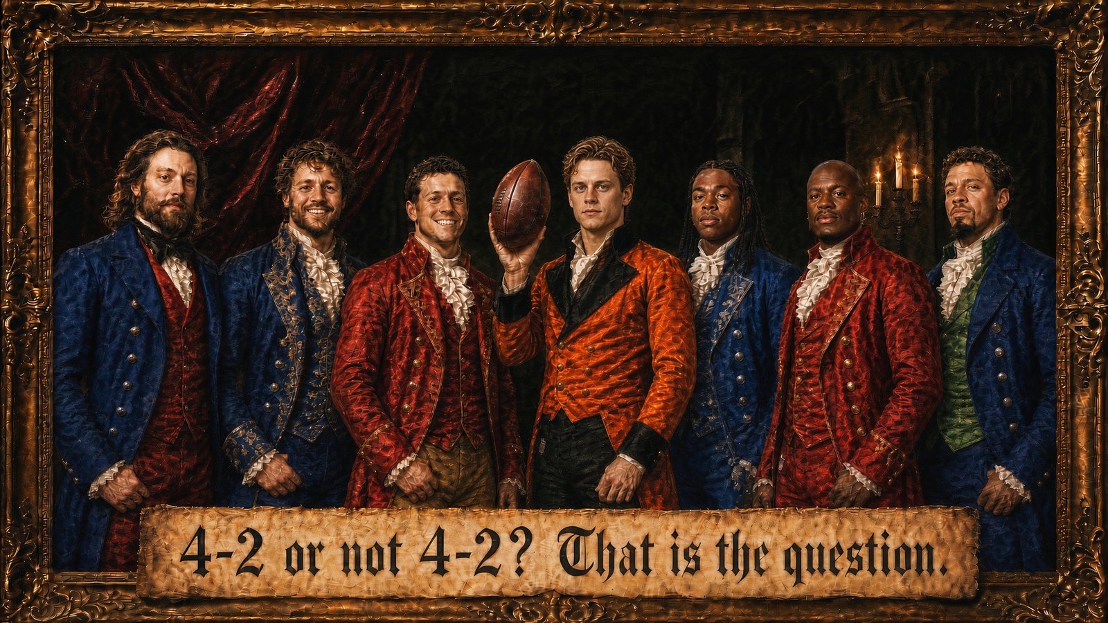 A Victorian-style painting: 7 football players in embroidered frock coats and ruffled collars, one holding up a football, under a scroll that reads 4-2 or not 4-2? That is the question.