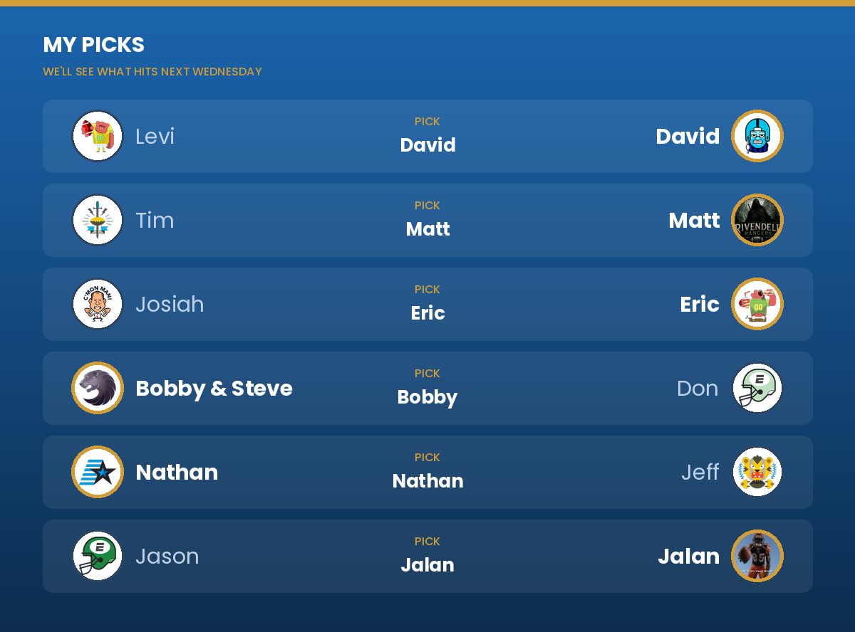 Picks: Levi vs David: David; Matt vs Tim: Matt; Josiah vs Eric: Eric; Bobby vs Don: Bobby; Jeff vs Nathan: Nathan; Jason vs Jalan: Jalan